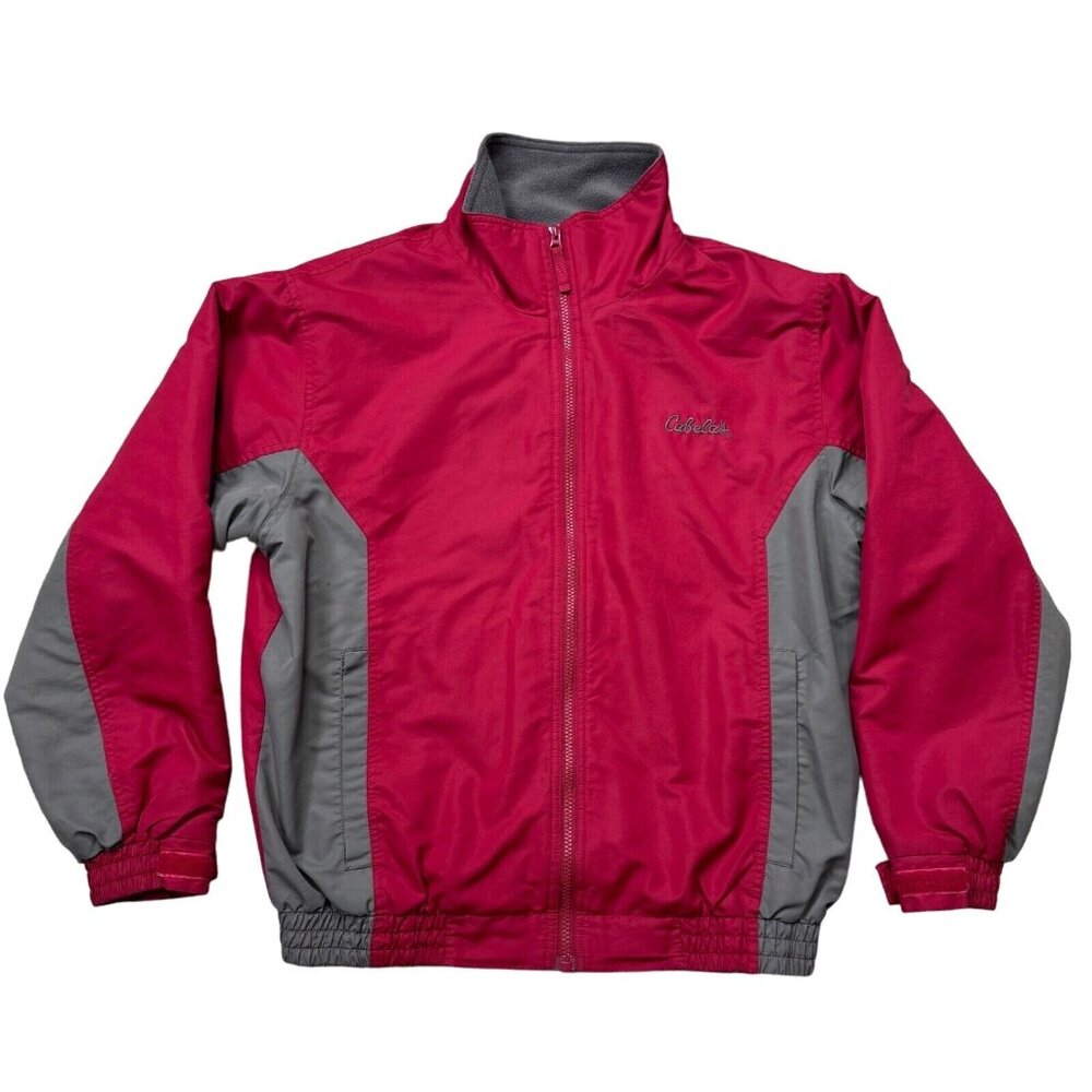 Cabelas Full Zip Jacket Mens Size M Red Gray Colorblock Mock Neck Fleece Lined